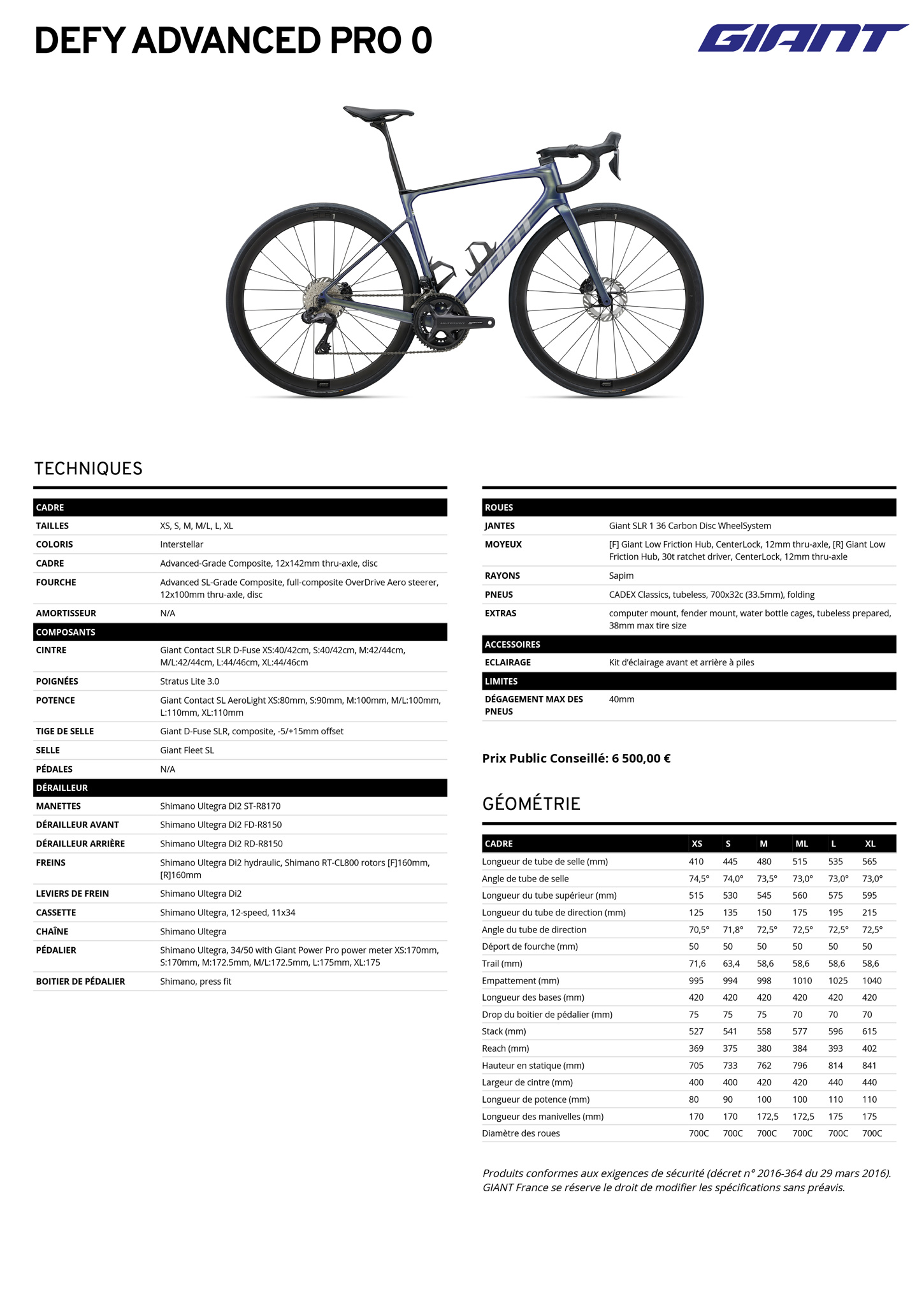 Fiche technique du velo Defy Advanced Pro 0 année 2026